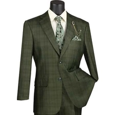VINCI Men's Olive Sharkskin Glen Plaid 3pc Classic-Fit Suit - NEW