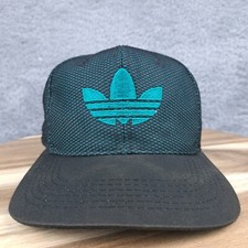 Vintage Adidas Hat Cap Snap Back Black Teal Trefoil Spellout Snap Mesh Blockhead