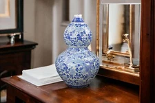 16" Classic Blue and White Porcelain Gourd-Shaped Vase, China Ming Style, Goo...