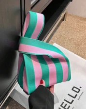 Knit Wristlet Or Handle Pouch Bag Purse  Lightweight Foldable Pink Green    New