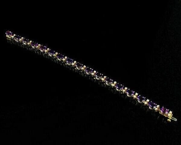 Brazalete tenis diamante amatista de corte ovalado de 7 quilates enchapado en oro amarillo de 14 quilates Foto 3 de 4