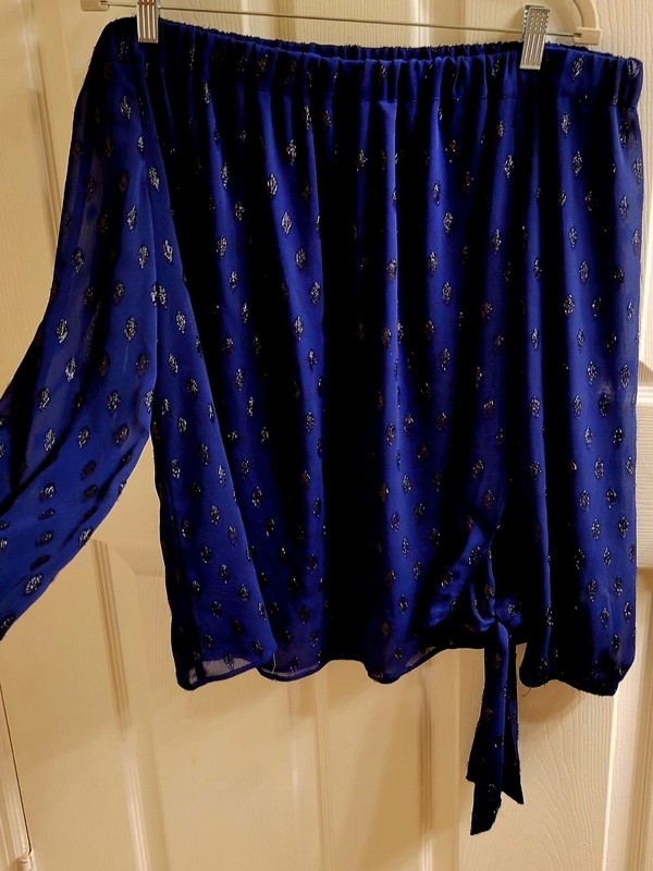 INC Off Shoulder Long Sleeve Shinny BLUE XL Top