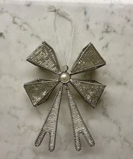 Hand Beaded Silver Bow Christmas Ornament With Pearl Center 6  Tall India B
