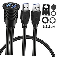 2 Ports Dual USB 3.0 Male to Female AUX Flush Car Mount Cable 3ft  Waterproof