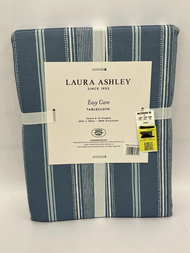 Laura Ashley Easy-Care Tablecloth Heacham Stripe Denim Seats 8-10 60 x 102" NEW - Image 2 of 4