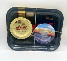 RAW Black Metal Rolling Tray Large 14'' x 11 '' x 1'' With 2 Magnetic Ashtrays