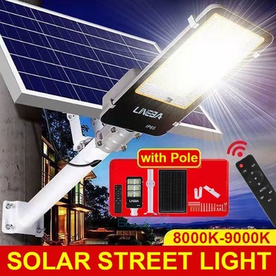 Super Bright Commercial LED Solar Street Light Outdoor Dusk to Dawn+Pole Sensor