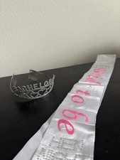 Bachelorette Glitter Tiara Silver And White Satin Bride To Be Sash Pink Text