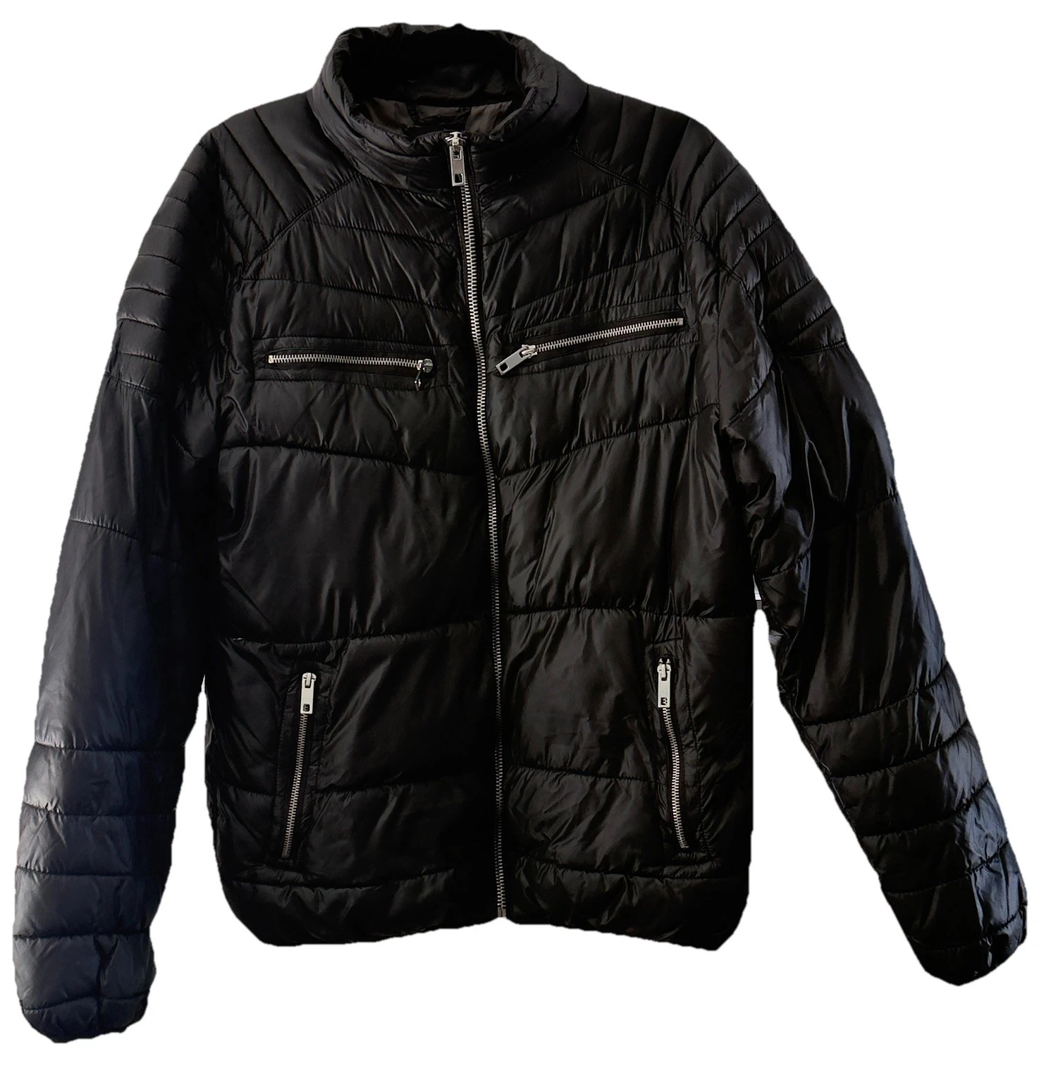 Bleau Grandeur Men's Black Puffer Jacket Size Large Moto Style Quilted Padded