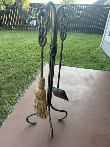 Vintage Wrought Iron Fireplace Tool Set Rustic Twisted Iron Hearth Tools