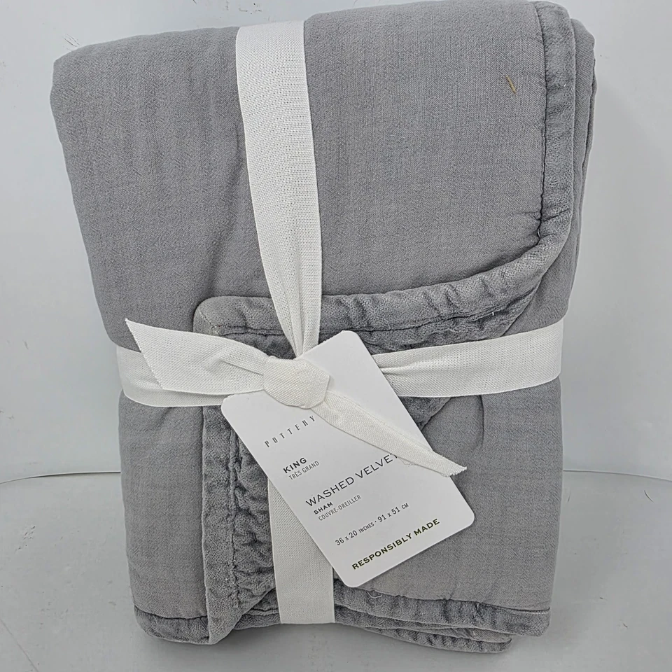 Pottery Barn TERCIOPELO LAVADO HECHO A MANO Acolchado KING SHAM JUEGO DE 2 Azul Sombra Foto 2 de 3