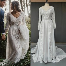 Boho Beach Backless Wedding Dress Chiffon Long Sleeves V Neck Lace Bridal Gown