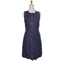 Tory Burch Navy Blue Button Front Linen Shift Dress Size 4 NWT