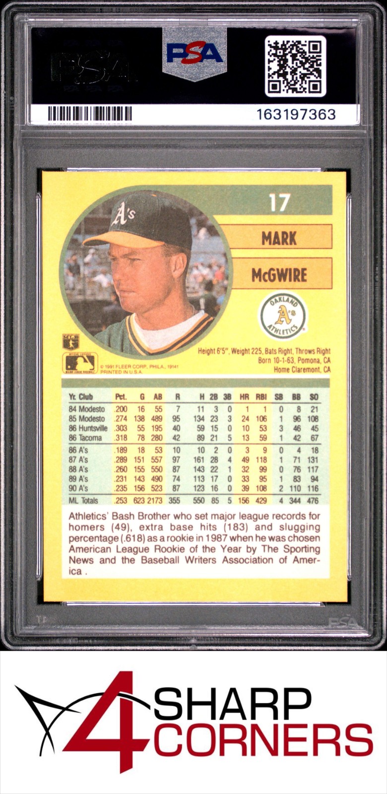 1991 FLEER #17 MARK McGWIRE ATHLETICS PSA 10 view 2