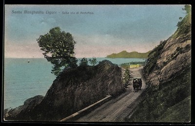 Postcard Santa Margherita Ligure, Sulla via di Portofino con vista mare e carrozza 