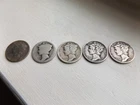 LOT OF 5 MERCURY DIMES 90% SILVER, 1923, 1928, 1940, 1942 AND ONE NO DATE, WORN.