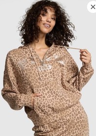 Victoria's Secret Pink Leopard Campus Half Zip Hoodie Bling Foil Logo XS