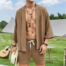 Mens Beach Suit 2-Piece Set Short Sleeve T Shirts Shorts Vacation Outfit Set