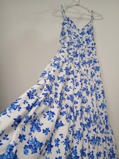 New Shein Blue White Floral Print Tiered Maxi Dress XS