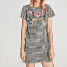 Zara Houndstooth Embroidered Sequined Shift Dress Size Small