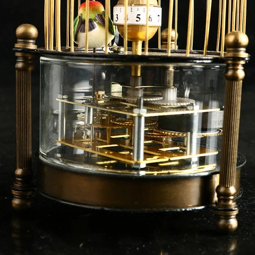 Exquisito reloj mecánico de latón - forma de jaula de pájaros dos pájaros Aroud Moving - Imagen 6 de 7
