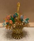 Vtg Safety Pin and Beads Yellow Basket W/Beaded Flowers Hand Made Folk Art 6” B