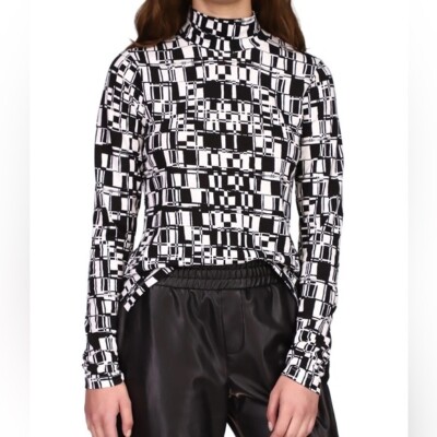 Sanctuary Top Tee Women's Geo Printed Mock Neck Black White Modern Size XS NEW