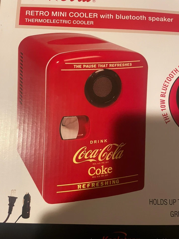 Coca-Cola Inbuilt Bluetooth Speaker Mini Fridge 6 Can Cooler for Travel, Camping - Image 2 of 4