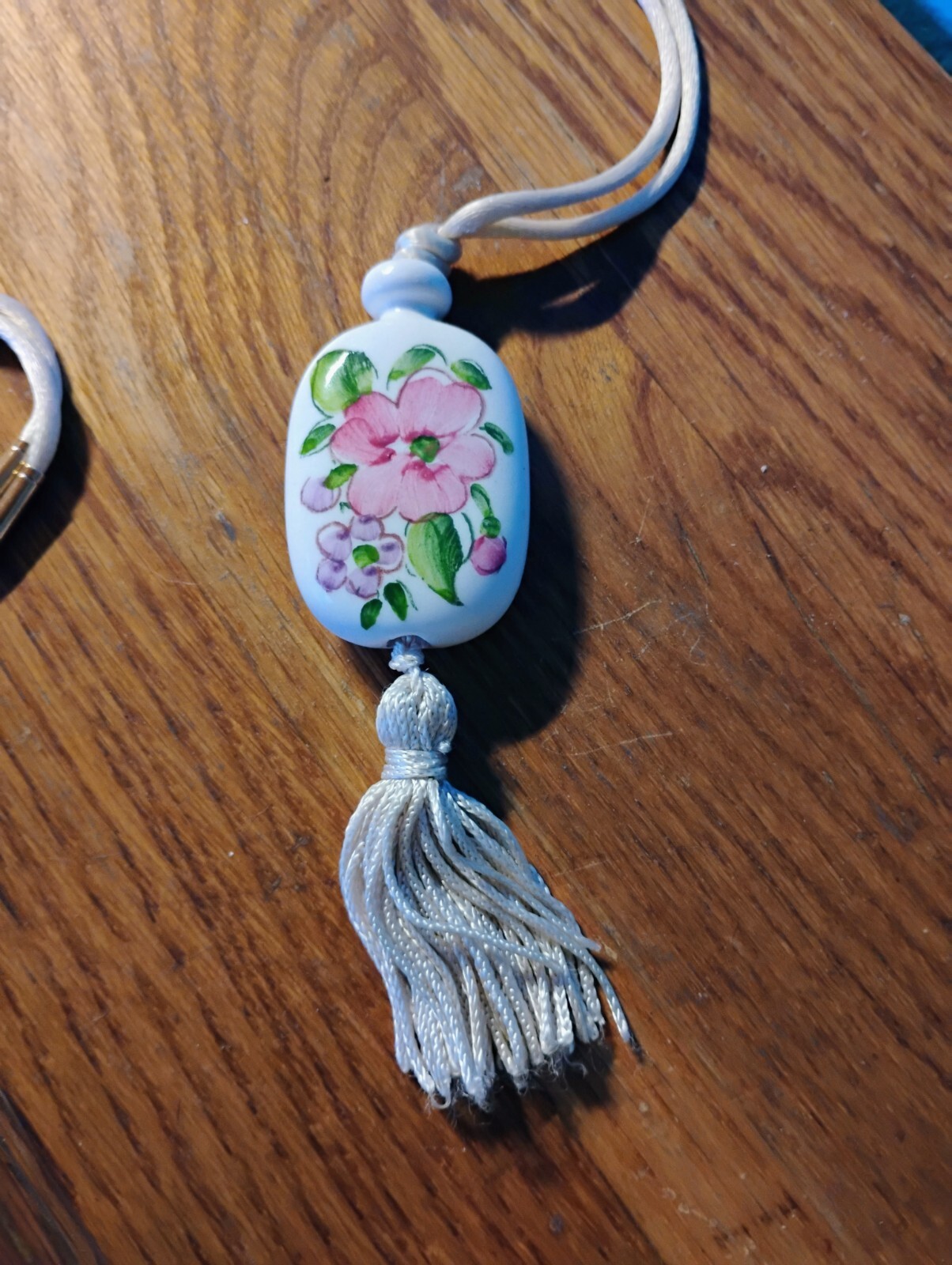 Vintage Floral Porcelain Pendant W/ Tassel Necklace White W/ Pink Flowers