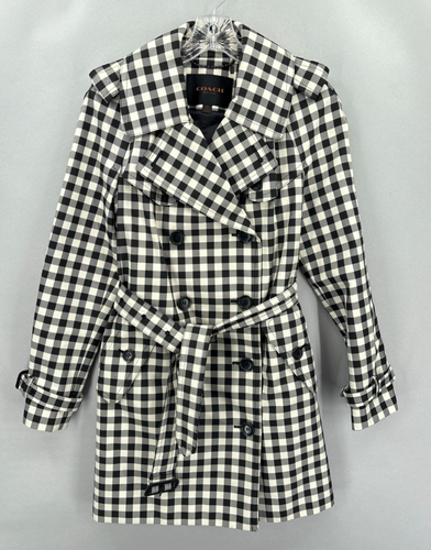 Coach Coat Womens Size 6 Trench Black White Gingham Check Belted Double Breasted