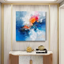 Hand Painted Abstract Blue With Orange Oil Painting On Canvas Thick Textured