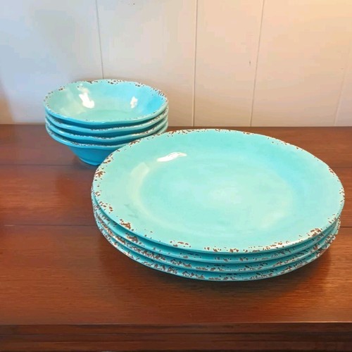 Juego de cena de melamina rústico azul turquesa craquelado Tommy Bahama 8 piezas cuencos - Imagen 4 de 9