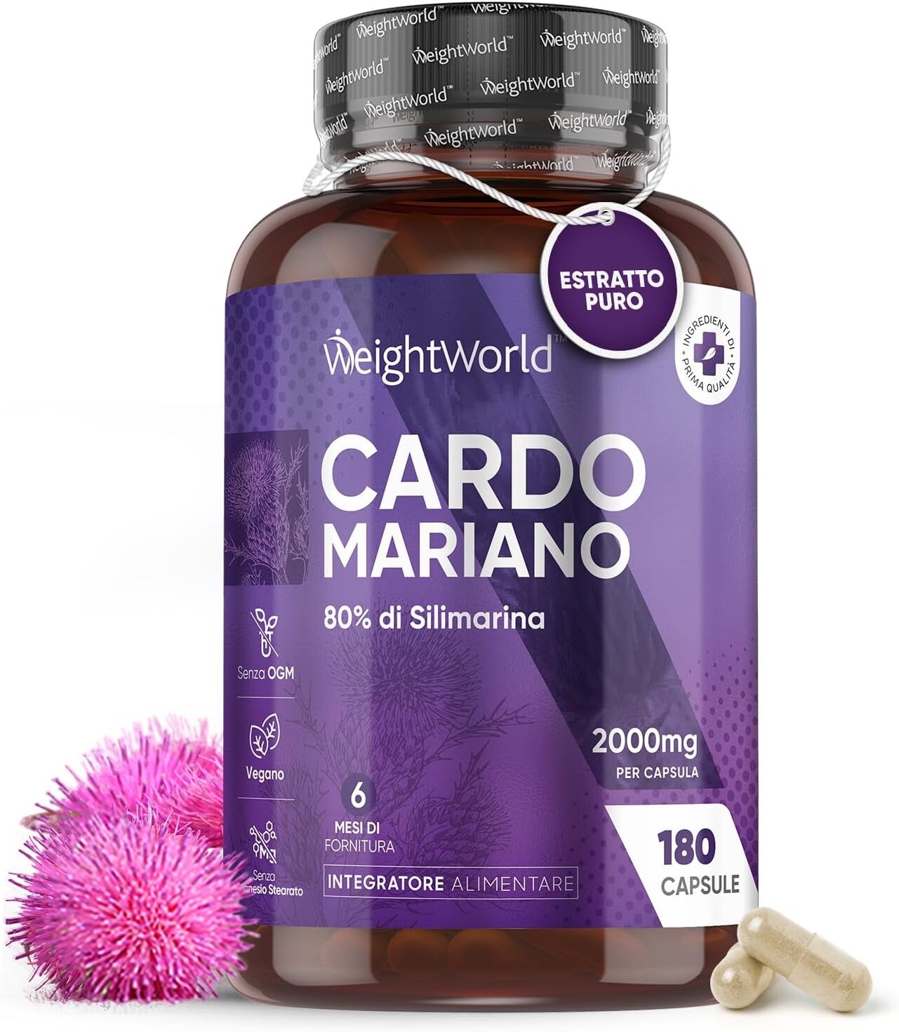 Cardo Mariano 80% Silimarina - Polvere di Cardo Mariano Puro - 180 Capsule Vegan