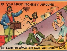If You Must Monkey Around, Be Careful Where and Who you VTG Linen Postcard/pc323
