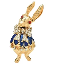Easter Spring Rabbit Bunny Alice In Wonderland Gold Rhinestone Pin Brooch
