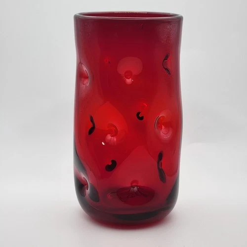 Blenko Ruby Red 6" Crackled  Pinch Dimple Drinking Glass 418-L MCM Vintage
