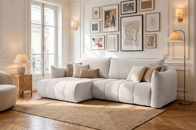 Ecksofa Schlafsofa ONTARIO in Stoff Poso Altweiß Ottomane Links