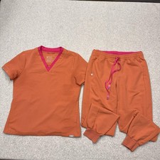 FIGS Scrub Set Womens Small Orange Technical Collection V-Neck Top Jogger Pant