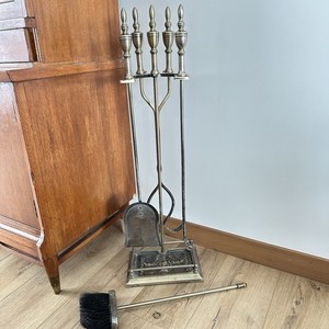 VTG Solid Brass Fireplace Hearth Tool Set Of 5 Shovel Broom Tongs 30.5” READ