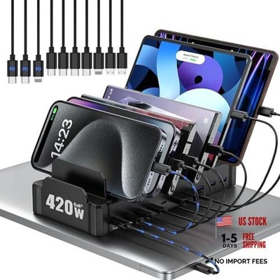 420W Charging Station for Multiple Devices,  10-Port USB C Fast 5FT Black