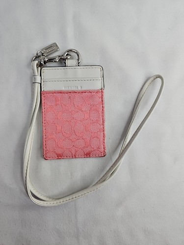 COACH Designer Mini Card Wallet White Leather & Pink C Fabric Lanyard 3 Pockets