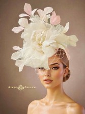 Kentucky Derby Fascinator Pink Off-White Cream Silk Rose Hat French Bridal Veil