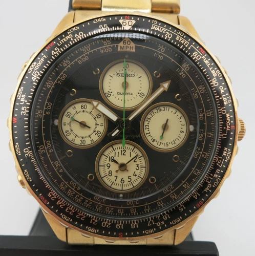 Vintage Seiko Flightmaster Chronograph Gold-Tone Watch - SEH010  7T34 - New Batt