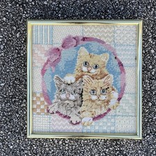 Vintage Sunset Patchwork Needlepoint Framed Gold Kittens Cats 90s