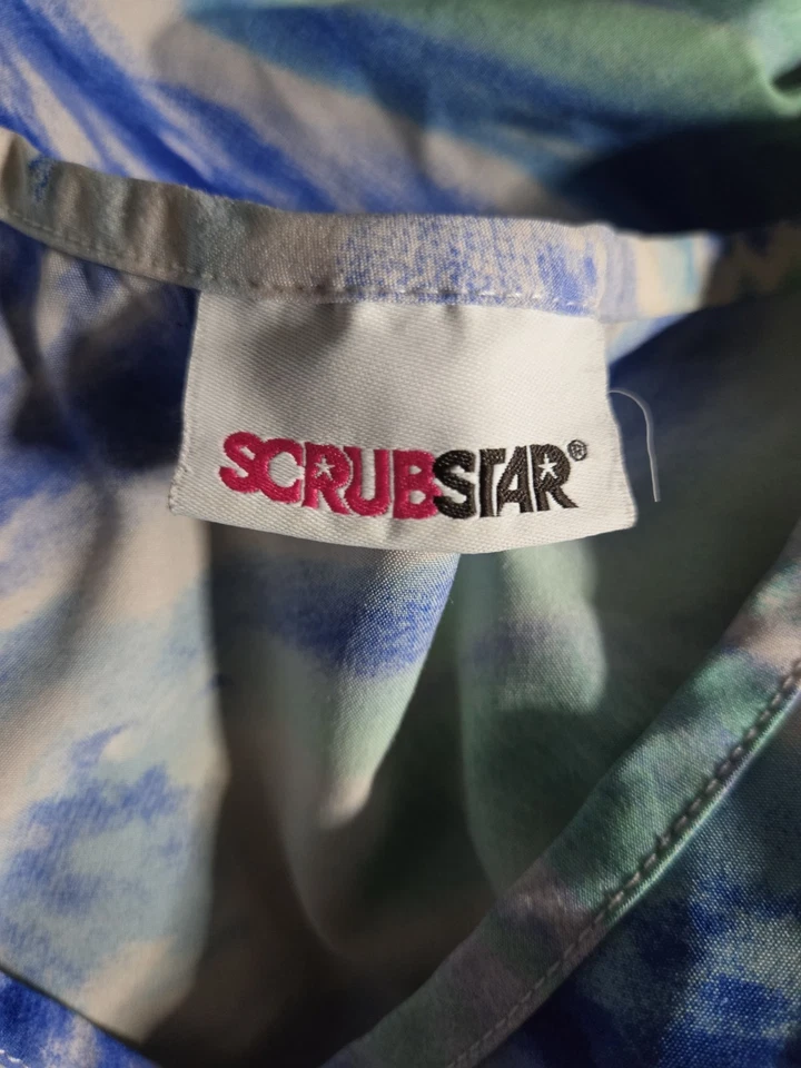 Scrubstar Scrub Top size 3XL-Blue/Green/Grey Tie-Dye Style-chest 29.5"/L 28" - Image 3 of 4