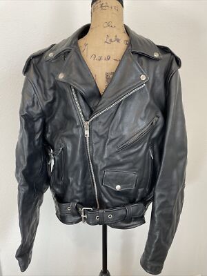 Vintage UNIK Leather Apparels Mens Sz 46 Heavy Leather Motorcycle Jacket 