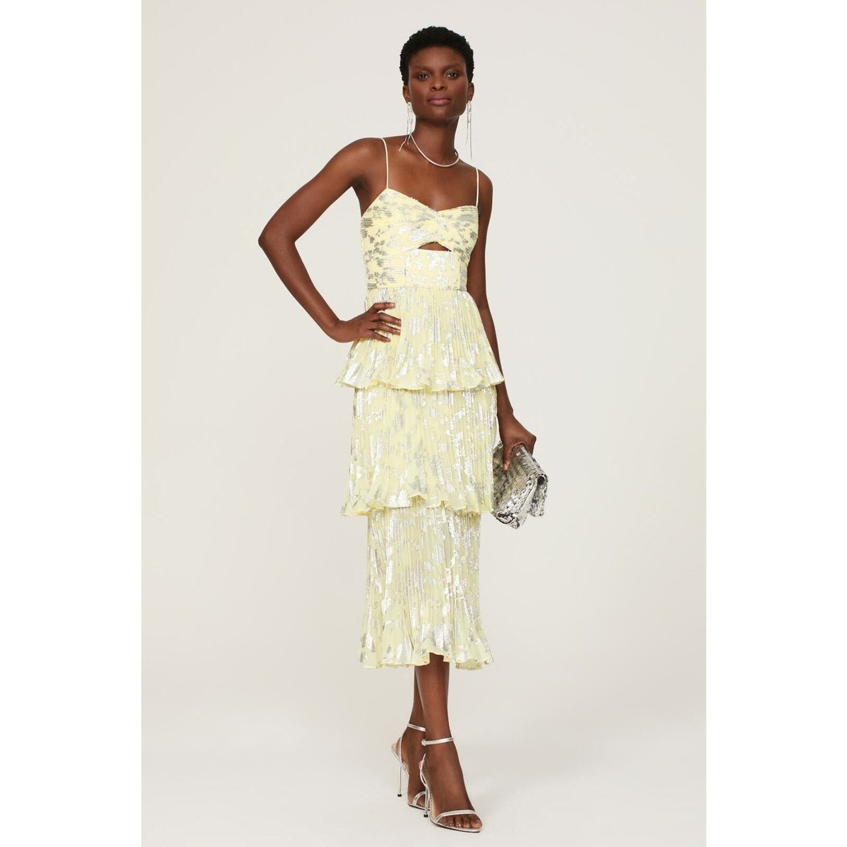 metallic jacquard midi dress Floral Warehouse Metallic Jacquard Ruched Sleeve Plunge Neck Bias Midi Dress
