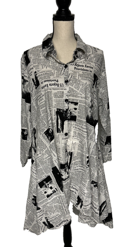 Dare2BStylish Women’s XL Newsprint Tunic Shirt Dress Lagenlook Newspaper