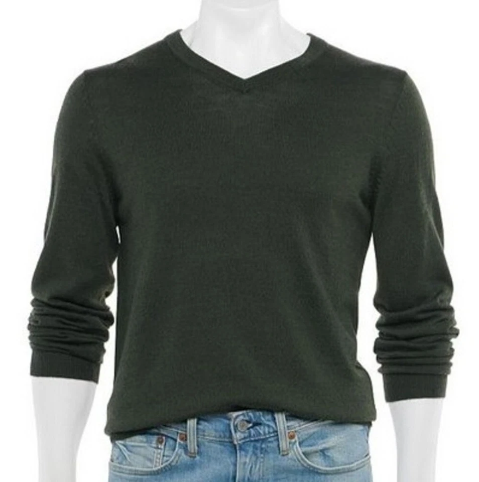 Nuevo Suéter Pullover Para Hombres Mezcla de Lana Merino Cuello en V Mangas Largas Calce Clásico Gris Foto 2 de 4