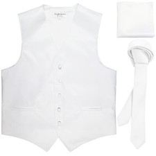 New Men's White formal vest Tuxedo Waistcoat 1.5" necktie  hankie set wedding